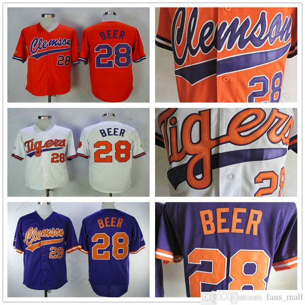 

wholesale mens clemson tigers seth beer college baseball jerseys white orange purple 28 seth beer university stitched shirt, Blue;black