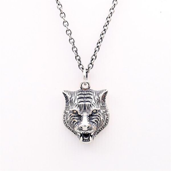 

s925 silver tiger head necklace vintage gatto series tiger head pendant necklace hip hop men and women tiger head clavicle chain2950