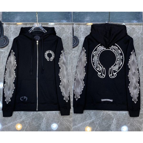 

fashion luxury men's sweatshirts classic zipper hoodies women men loose pullover hooded designer horseshoe sanskrit hoodie sweater jack, Black