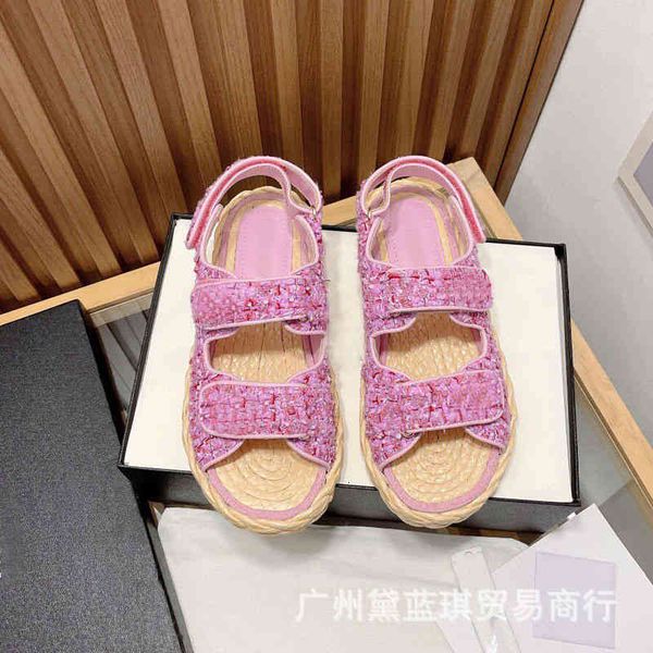 

summer floral sandals knitted fabric hand woven hemp rope bottom round head flat magic patch sandals beach women's shoes lwun kbe9, Black