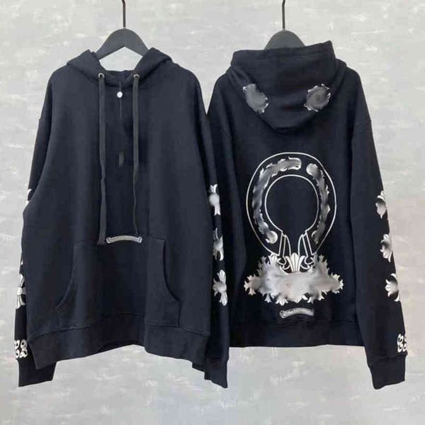 

luxury classic men's sweatshirts brand ch designer hoodie fashion men women horseshoe sanskrit loose zipper jacket pullover hooded coa, Black