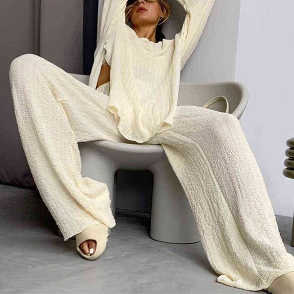 

women's tracksuits casual crepe split wide leg pants set women elegant loose long sleeve o-neck pants suit female 2022 spring lady fash, Gray