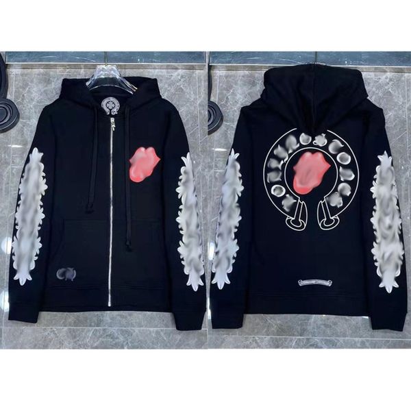 

luxury men's classic sweatshirts brand ch designer hoodie fashion men women horseshoe sanskrit loose zipper jacket pullover hooded coa, Black