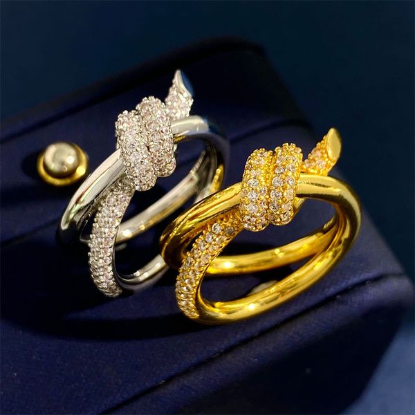 

925 sterling silver t ring ladies double row knot 18k gold fashion luxury classic party gift, Slivery;golden