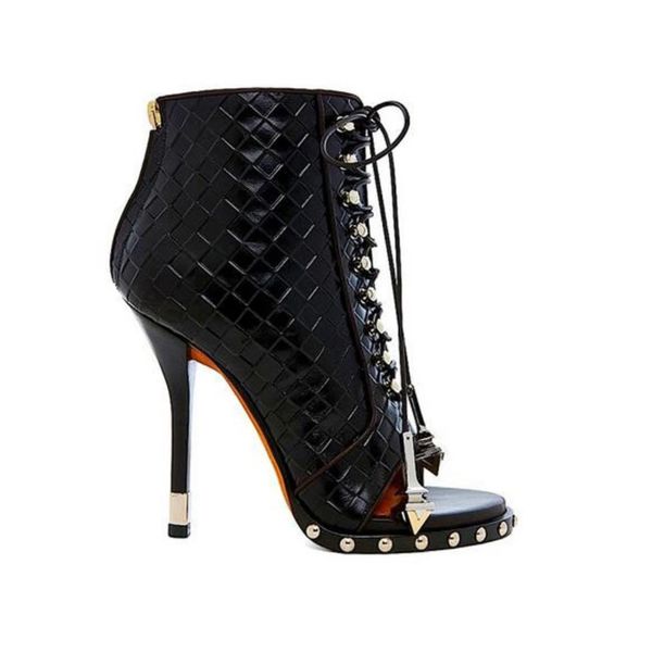 

new pattern leather lace-up ankle boots high heel open toe popular design women spike short gladiator boots dress shoes, Black