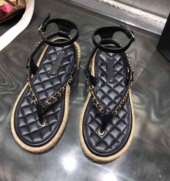 

head sandals round thick bottom early spring metal chain sheepskin fashion sandals clip toe herringbone hemp rope women's shoes riqn lg, Black