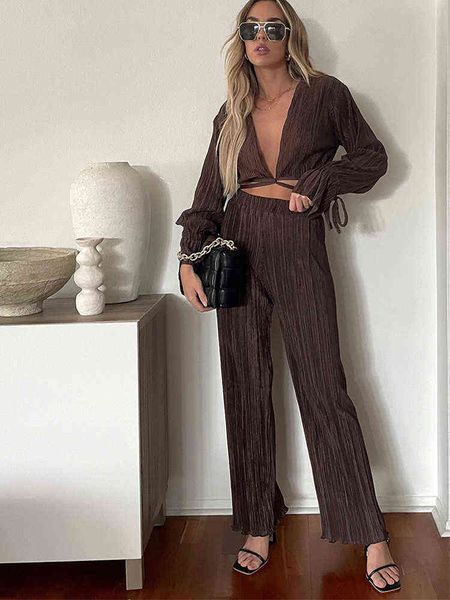 

women's tracksuits summer women's pleated 2 pieces set loose deep v-neck lace up crop high waist wide leg pants suit new casual ou, Gray