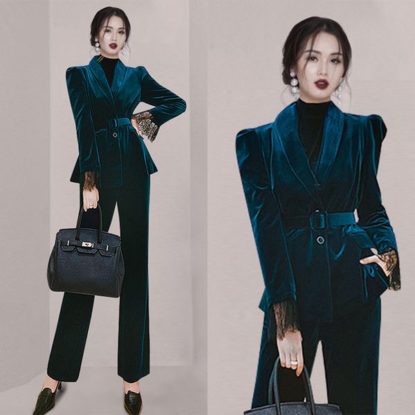 

winter velvet women pants suits 2 pieces slim fit lace long sleeve prom evening party wear blazer, Black;red