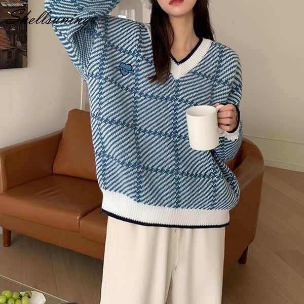 

women's sweaters shellsuning winter contrast plaid vneck knitted sweater women loose embroidery patchwork pullover female cute sweet ju, White;black