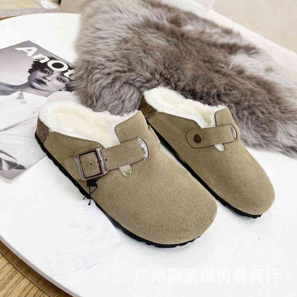 

and slippers autumn winter cattle cashmere belt buckle round head baotou ugly cute cork warm wool thick bottom slippers muller shoes lipz 6w, Black