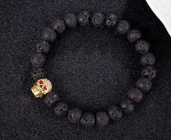 

fashion strands natural stone crown 8mm bracelet skull micro pave cz ball black beads his her bracelets bangles d64j