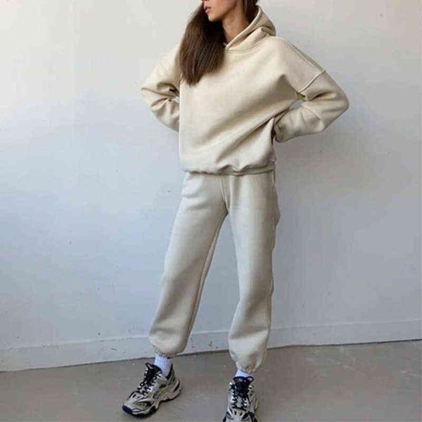 

women's tracksuits women's fleece casual loose pants two piece set 2021 fashion hoodie pullover and high waist trousers female sp, Gray