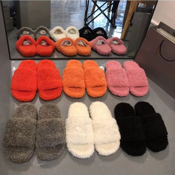 

women's slippers classic men's sandals r wool shoes winter fur fluffy flat furry warm letter sandals comfortable herringbone platf, Black
