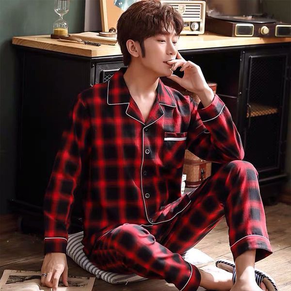 

men's sleepwear spring autumn pajama sets suit knitted cotton casual long sleeve sleepwear plaid home wear plus size comfortable pajama, Black;brown