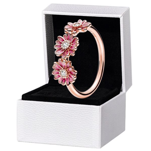 

new pink daisy flower trio ring womens rose gold plated wedding jewelry for pandora sterling silver rings with original retail box set, Slivery;golden