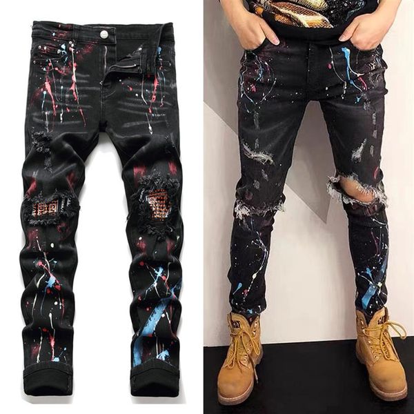 

black painted jeans men's distressed slim fit denim 5 pockets279d, Blue