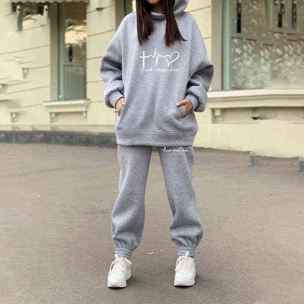 

women's tracksuits oversized heart print hoodie women's tracksuit set woman casual 2 piece sets pants and sweatshirt 2021 winter a, Gray
