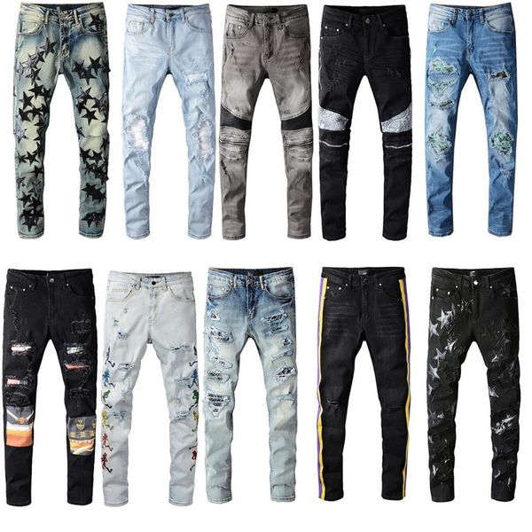 

mens distressed ripped jeans skinny slim fit motorcycle biker denim for men fashion hip hop pants cool streetwear341q, Blue