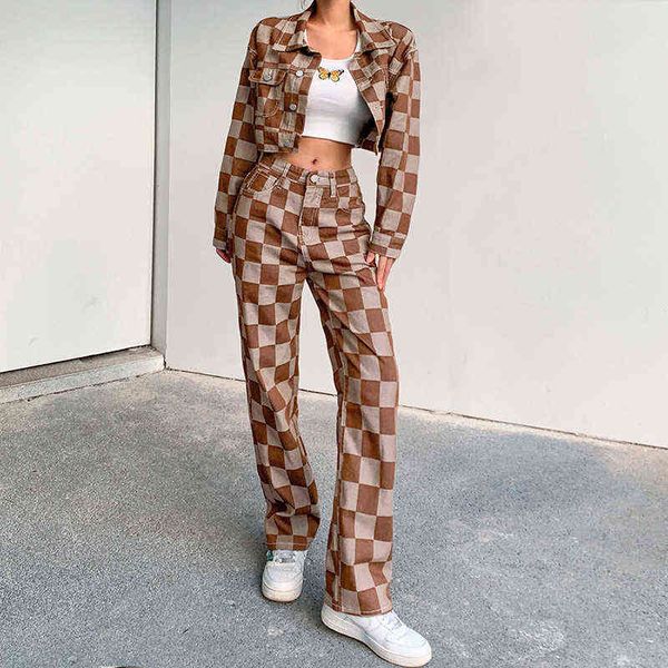 

women's tracksuits winter khaki plaid short coat women's suit checked single breasted button high waist female set 2021 casual spo, Gray