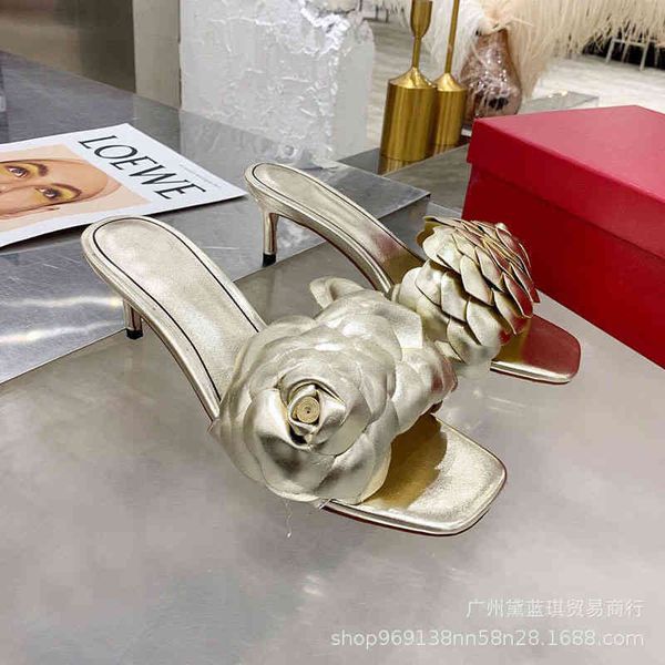 

spring cowhide slippers flower one-sided square head high heels fashion slippers women's shoes 2v2r iaxm, Black