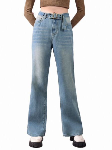 

women's jeans mod moustache effect buckle belted flare leg jeans x7vi#, Blue