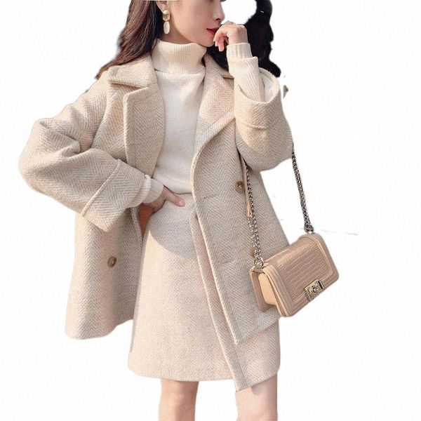 

women's tracksuits winter wool coat skirt suit women warm outerwear ladies long trench coats elegant female office wear korean fashion, Gray