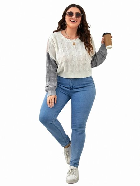 

plus size t-shirt plus colorblock drop shoulder cable knit sweater d0c5#, Black