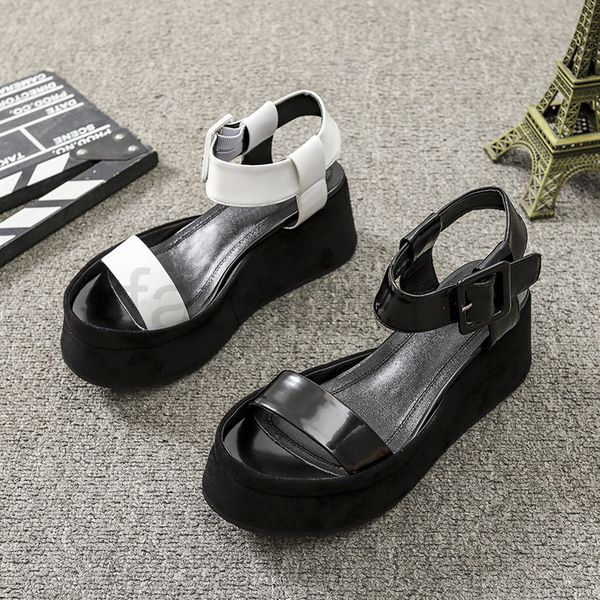

sandals designer women's shoes summer thick soled sponge cake one line buckle high-heeled slope heels roman, Black
