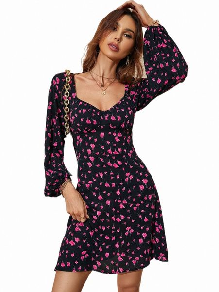 

casual dresses floral print sweetheart neck bishop sleeve dress h61g#, Black;gray