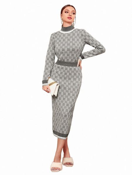 

women's sweaters plaid pattern mock neck sweater & knit skirt v90i#, White;black