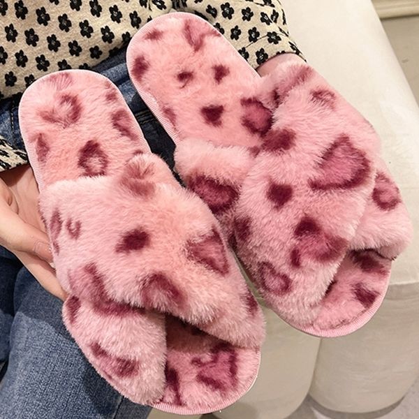 

slippers leopard pattern bedroom women fluffy indoor cross flat warm plush shoes open toe 220829, Black