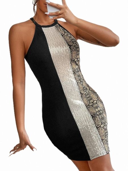 

casual dresses contrast snakeskin print halter dress t6vr#, Black;gray