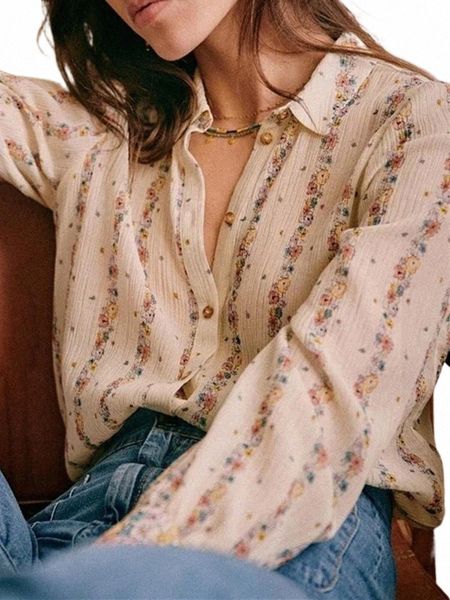 

women's blouses & shirts women's blouses & shirts 2021 women floral stripes print blouse turn-down collar single-breasted silk cot, White