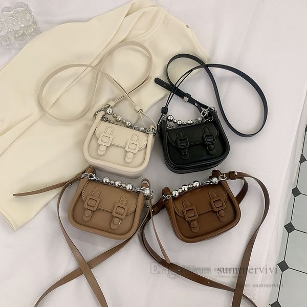 

lady style children metals pearls chain handbags kids pu leather single shoulder bag girls messenger lipstick bags q8170, Black