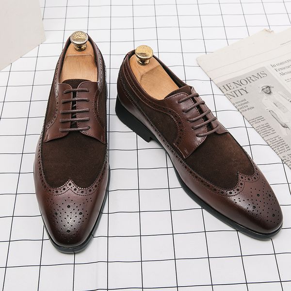 

brogue shoes men shoes solid color pu stitching faux suede carved wing tip lace up fashion business casual everyday versatile ad013, Black