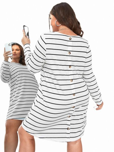

plus size dresses plus striped print button detail dress g1s3#, Black