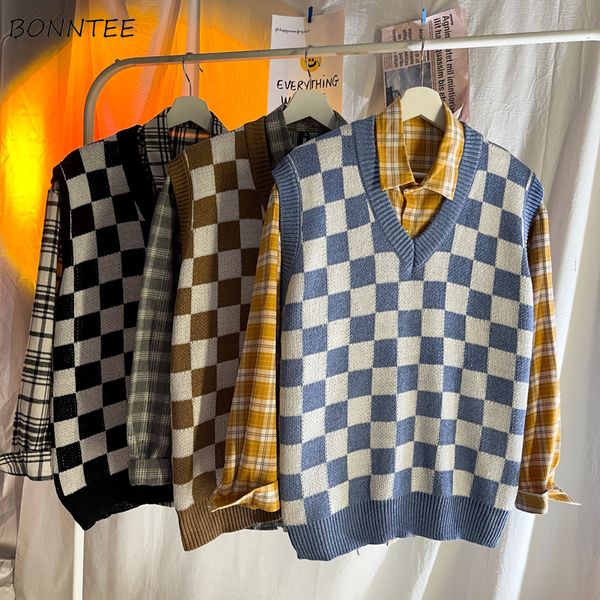 

men's vests checkerboard sweater vest men v neck loose plaid fashion vintage all match knitting jumpers students harajuku korean preppy, Black;white