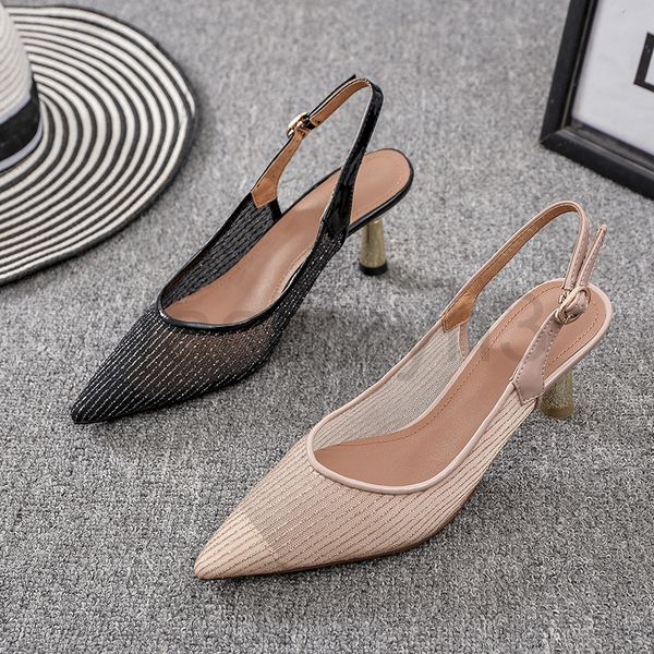 

sandals designer mesh breathable high-heeled shoes women's summer net red fairy style pointed thin heel back empty one line button sand, Black