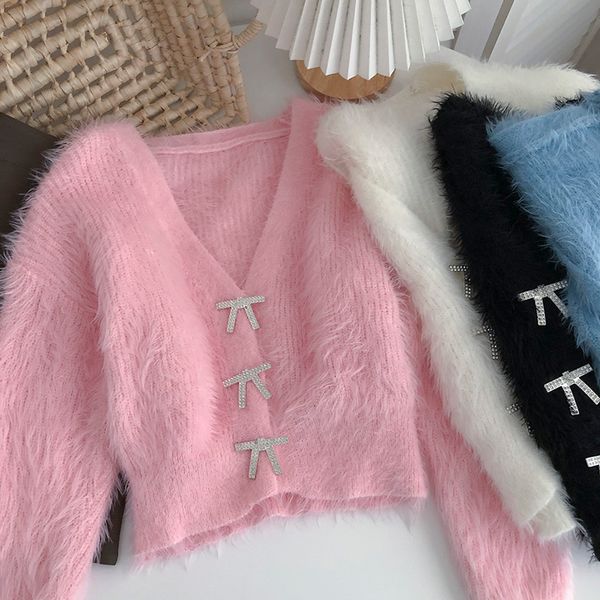 

women's jackets sweaters women jumpers autumn sweet wild v long sleeve pink cardigan short mohair coat pull gentle waterproof mink 2208, Black;brown