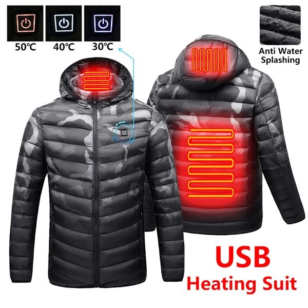

mens down parkas winter warm usb heating fleece jackets smart thermostat detachable hooded heated waterproof jacket 220829, Black