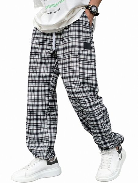 

men's pants men plaid print drawstring waist pants w8hi#, Black