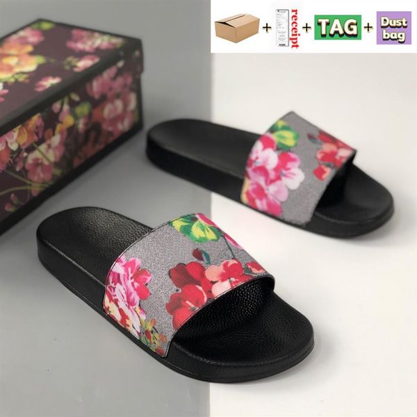 

with box slides designer slippers shoes summer sandals beach floral leather rubber flats sandal luxury platform men women sneakers258t, Black