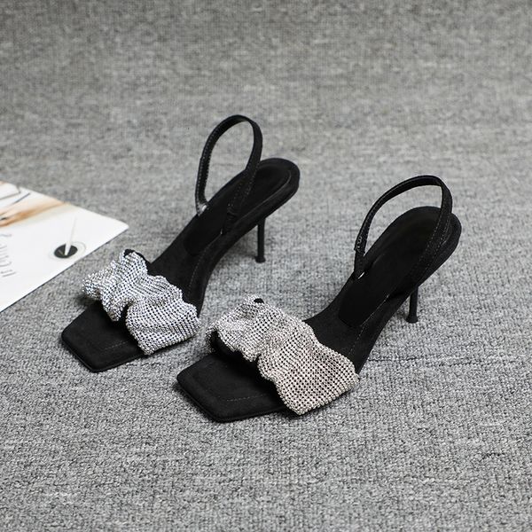 

sandals designer star's spring and summer super fairy square slippers rhinestone stilettos king banquet sandals, Black
