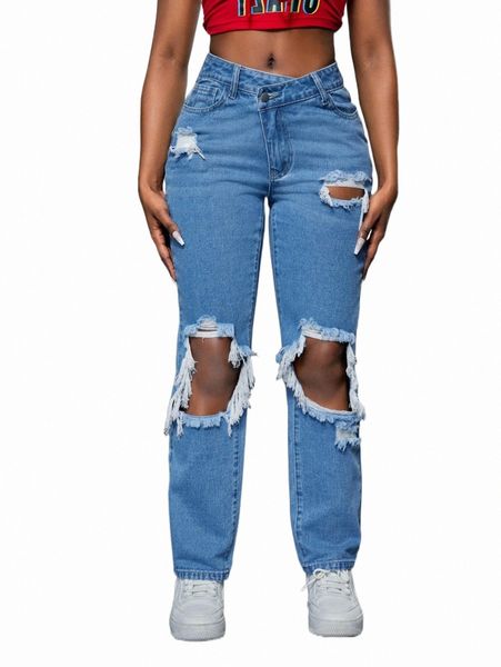 

women's jeans sxy asymmetrical waist ripped cut out jeans y2wc#, Blue