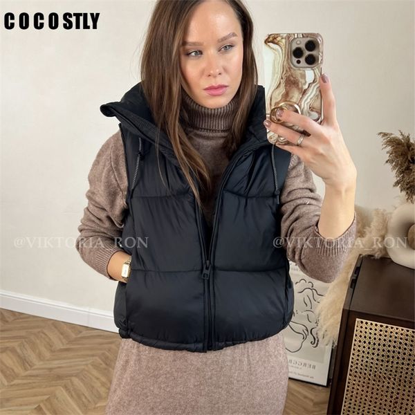 

women's vests women winter vest hooded short black color gilet vest cotton padded jacket sleeveless female waistcoat cropped gilet trf, Black;white