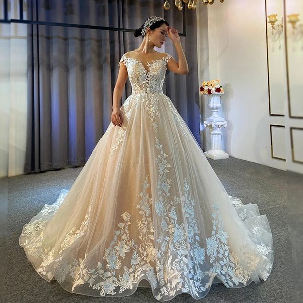 

luxury a line wedding dresses plus size beading bridal gowns cap sleeves lace appliqued sequined arabic dubai vestidos de novia, White