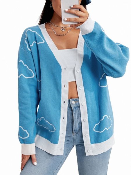 

women's sweaters clouds pattern drop shoulder cardigan t2kq#, White;black