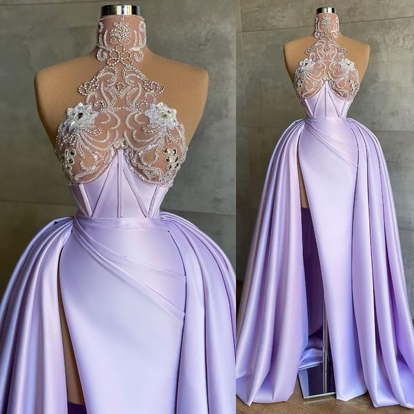 

purple mermaid evening dresses sleeveless high neck halter satin floor length sparkling beaded appliques sequins celebrity side slit plus si, Black;red