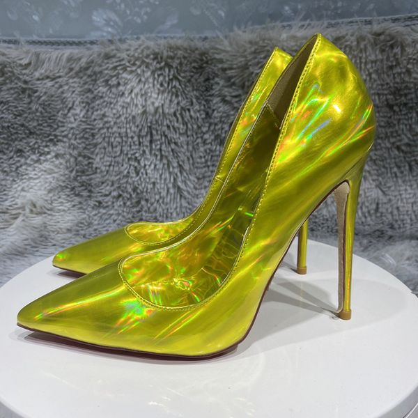 

2023 new laser gold women shoes brand red bottoms sparkle shiny pointy toe high heel shoe for party d'orsay side cut stiletto pumps red, Black