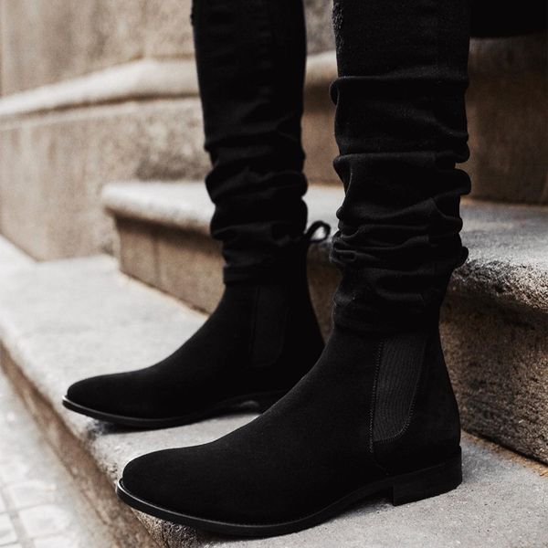 

Chelsea Boots for Men Black Flock Business Handmade Men Shoes Ankle Slip on Fashion, Clear